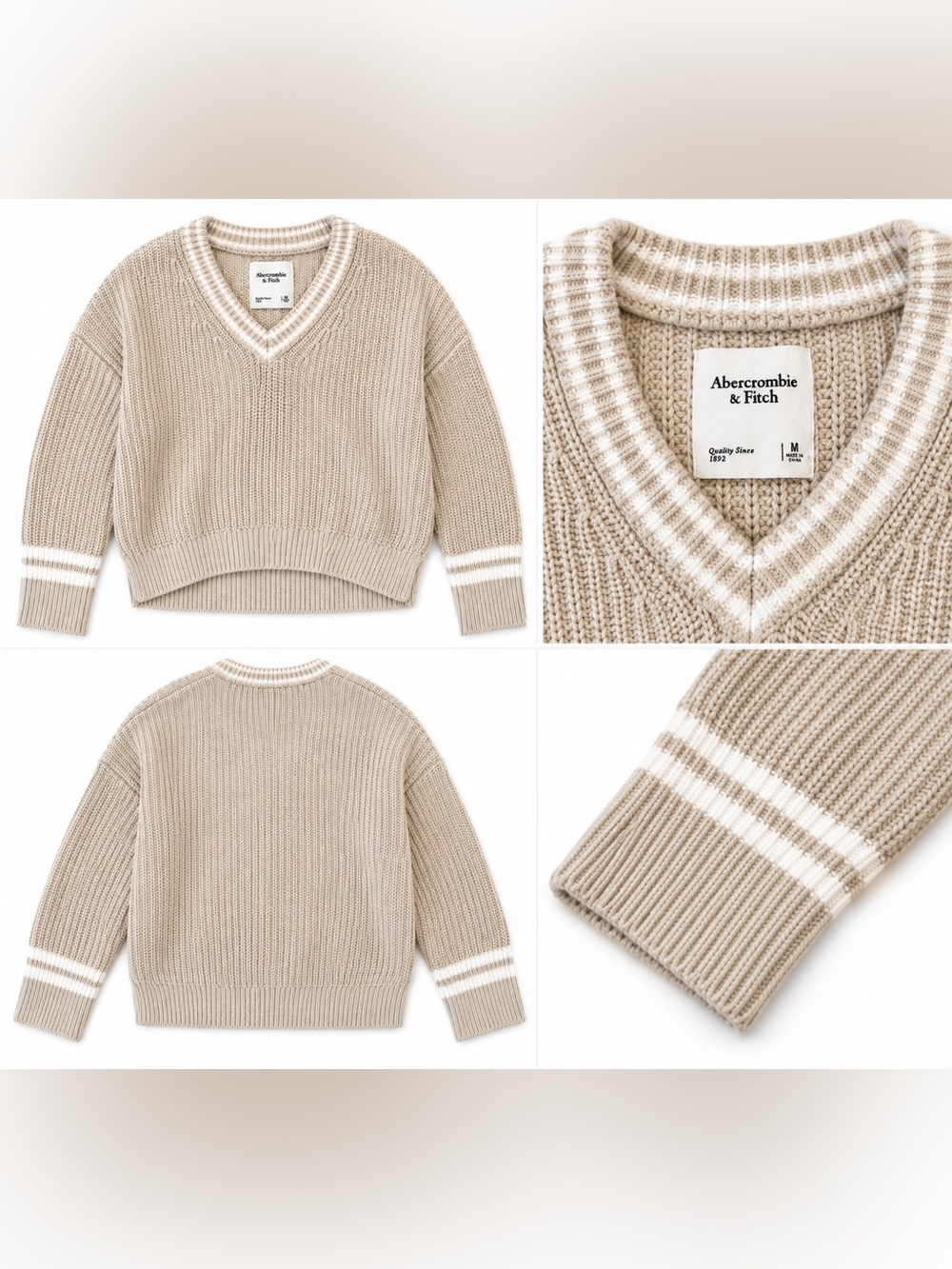 Abercrombie & Fitch Women's Taupe V-Neck Sweater with White Stripe Trim